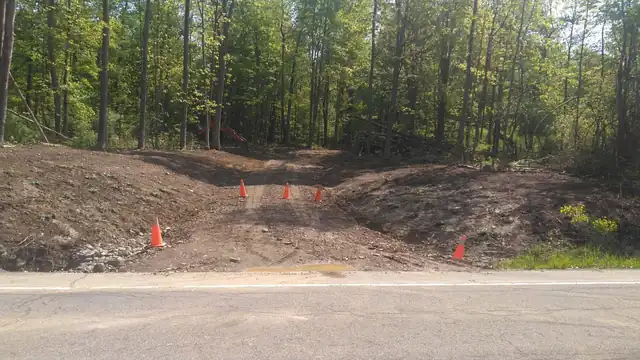 New gravel driveway cut into a wooded lot after land clearing