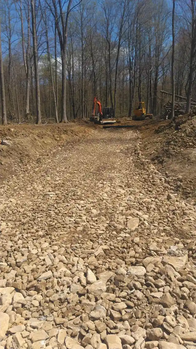 Stone driveway base and cleared access road leading through hardwood trees